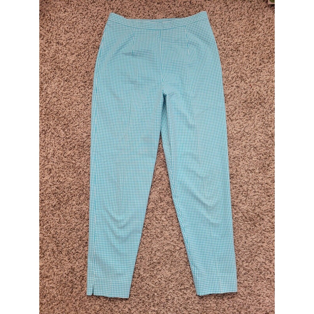 Vintage Express Women's Pants Gingham Plaid Aqua Blue Size High Rise Petite 7 8